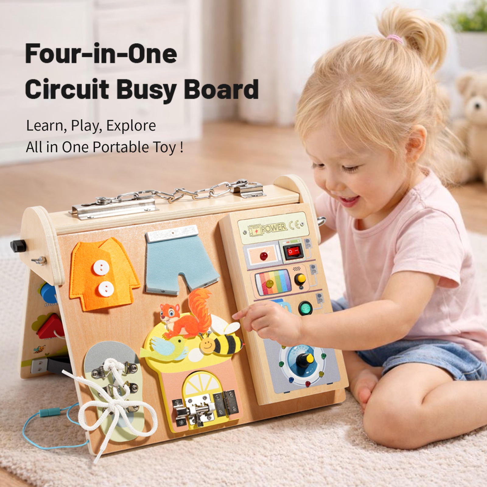 Kids Educational Game 3 - Wooden 4-in-1 Busy Board with LED