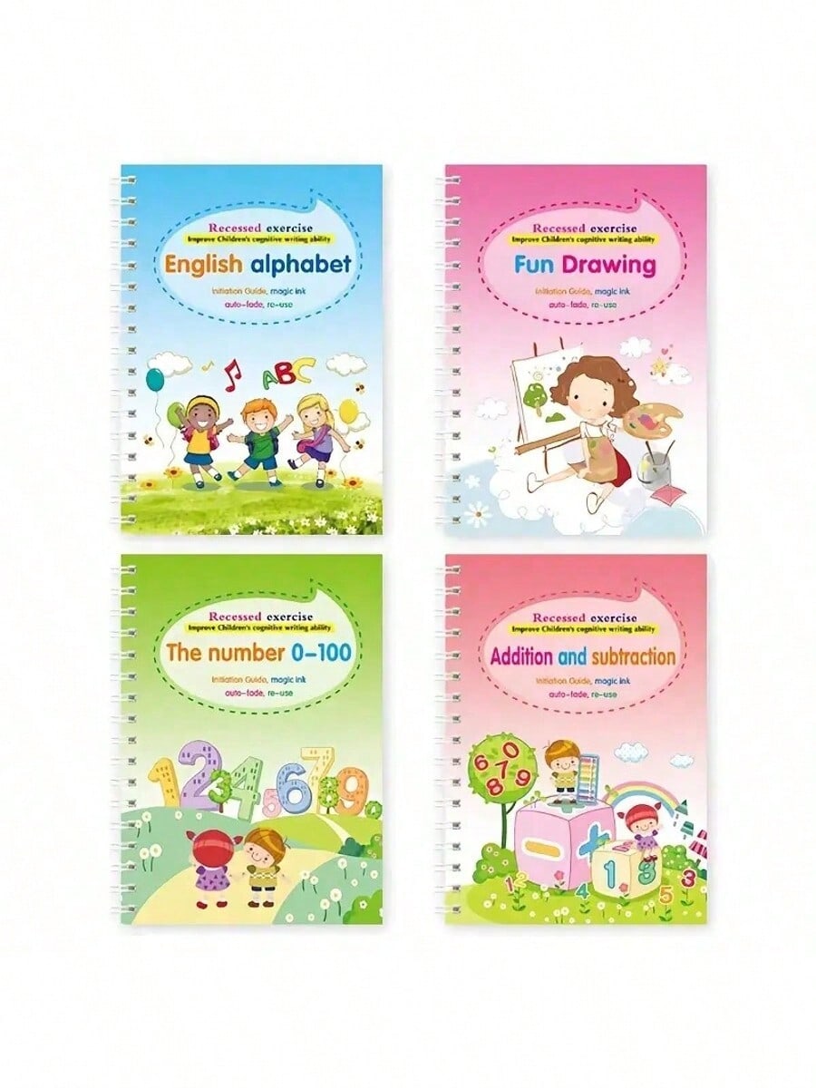 Kids Education Book - Reusable Grooved Magic Calligraphy Book, 4-in-1